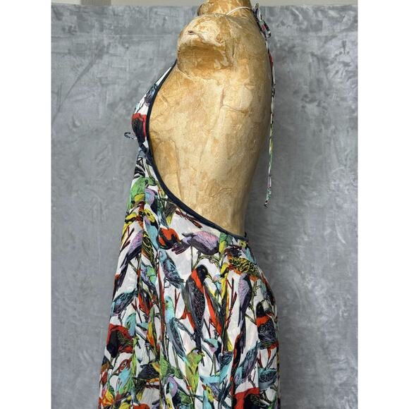 Nicholson Top Womens 10 Silk Bird Print Front Tie Triangle Halter Boho Whimsey - Picture 4 of 10